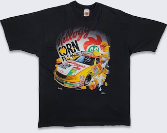 NASCAR Vintage 90s Kellogg's Corn Flakes Terry Labonte T-Shirt - Fruit of the Loom Black Racing Tee Made in USA Size Men's Xl Free SHIPPING