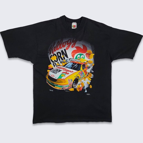 NASCAR Vintage 90s Kellogg's Corn Flakes Terry Labonte T-Shirt - Fruit of the Loom Black Racing Tee Made in USA Size Men's Xl Free SHIPPING