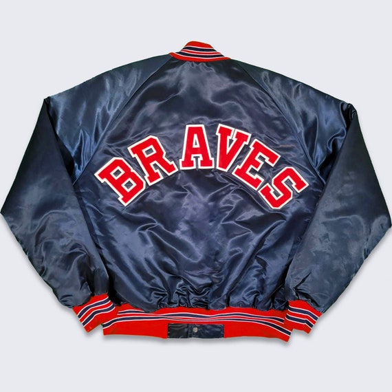 Atlanta Braves Vintage 80s Chalk Line Satin Bomber Jacket - Rare MLB Baseball Blue Coat - Made in USA - Size Men's Large -Free SHIPPING