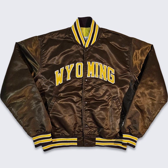 Wyoming Cowboys Vintage 80s Starter Satin Bomber Jacket - University College Brown & Yellow Coat - Quilted Lining - Large - Free Shipping