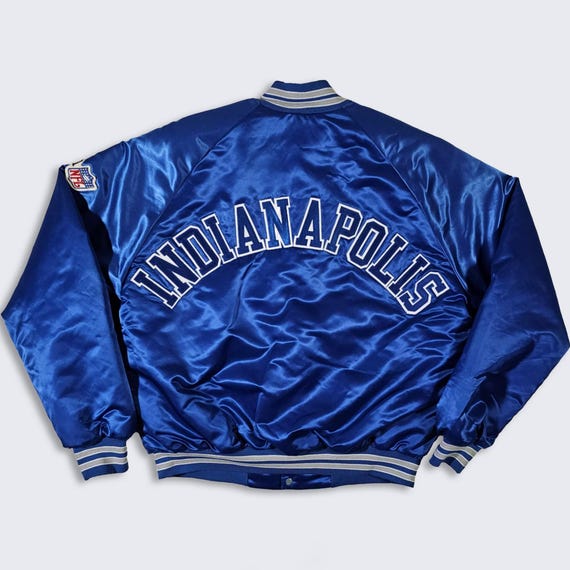 Indianapolis Colts Vintage 80s Chalk Line Satin Bomber Jacket - NFL Blue Coat - Extremely Rare - Size Men's : Large ( L ) - FREE SHIPPING