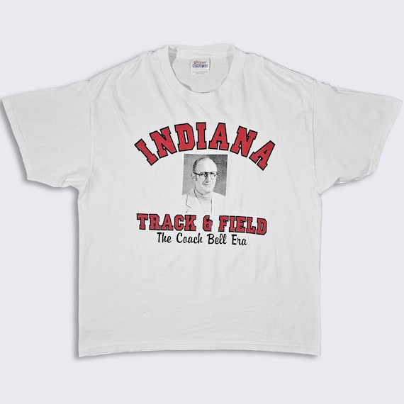 Indiana Hoosiers Vintage 90s Track & Field Coach Bell Era T-Shirt - White Color University College Tee - Men's Size : Large - FREE SHIPPING