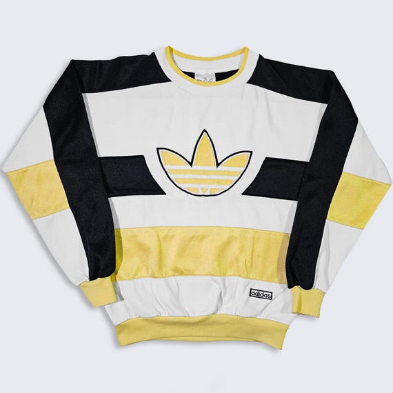 Adidas Vintage 80s Crewneck Gold Yellow Sweatshirt - White, Yellow & Black Pullover Shirt - Size Men's : Medium ( M ) - FREE SHIPPING