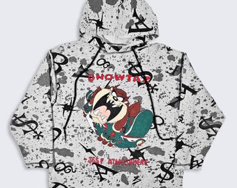 Taz Vintage 90s Looney Tunes Snowboard Hoodie Sweatshirt - Tasmanian Devil - Snowtaz -365 F Atmosphere - Size : Medium ( M ) - FREE Shipping