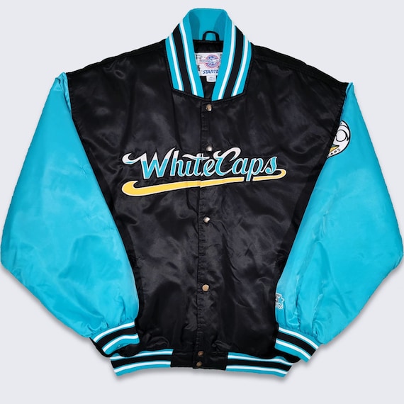 West Michigan White Caps Vintage 90s Starter Satin Bomber Jacket - MLB Minor League Baseball Blue & Black Coat  - Size XL - Free SHIPPING