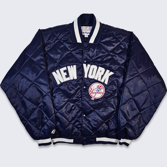 New York Yankees Vintage 90s Majestic Quilted Satin Bomber Jacket - MLB Baseball Navy Blue Heavy Coat - Size Men's 2XL - XXL - FREE Shipping