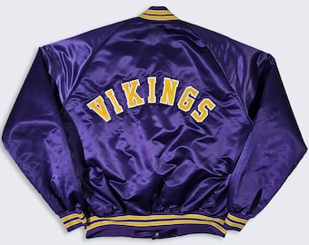 Giacca bomber vintage anni '80 in raso con righe effetto gesso dei Minnesota Vikings