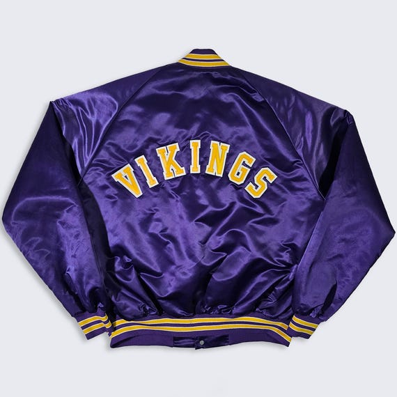 Minnesota Vikings Vintage 80s Chalk Line Satin Bomber Jacket - Purple & Yellow Football Coat - Men's Size Extra Large ( XL ) - Free Shipping