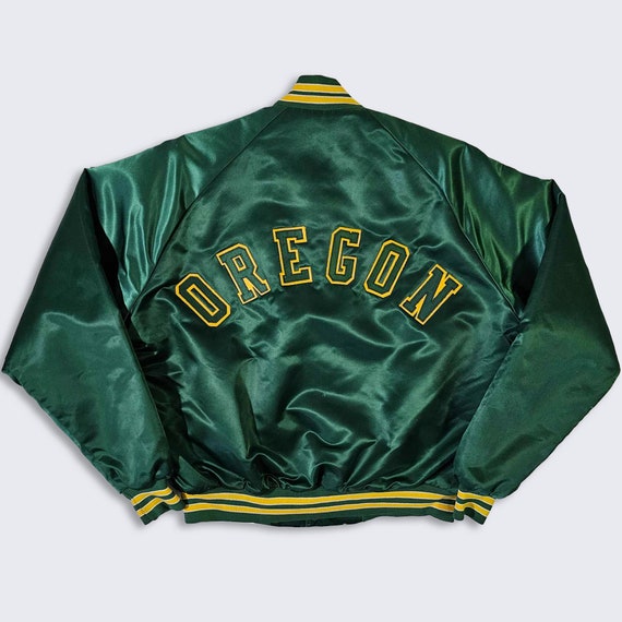 Oregon Ducks Vintage 80s Chalk Line Satin Bomber Jacket - UO University Green & Yellow Coat - Made in USA - Men's Size : L - Free SHIPPING
