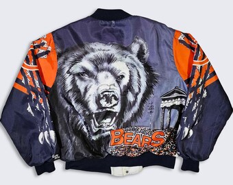 Chicago Bears Vintage 90s Chalk Line Fanimation Bomber Jacket - Made in USA - Graphic Printed On Back & Sleeves - Size : XL - Free Shipping