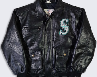 Seattle Mariners Vintage 90s Mighty Mac YOUTH Leather Bomber Jacket - MLB Genuine Merchandise - Size: Youth Medium ( M ) - Free Shipping