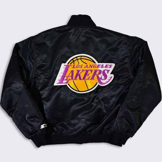 Los Angeles Lakers Vintage 80s Starter Satin Bomber Jacket - NBA Basketball Black Coat - Made in USA  - Men's Size : XL - Free Shipping