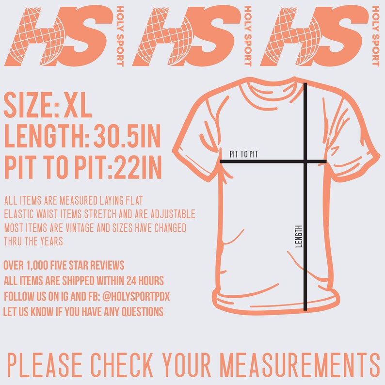 K&ouml;nnte beinhalten: Ein Diagramm, das die Ma&szlig;e eines T-Shirts zeigt. Das T-Shirt ist XL, 30,5 Zoll lang und 22 Zoll von Achsel zu Achsel. Der Text "HSHS" befindet sich oben im Bild. Der Text "HOLY SPORT" wird dreimal auf der rechten Seite des Bildes wiederholt.
