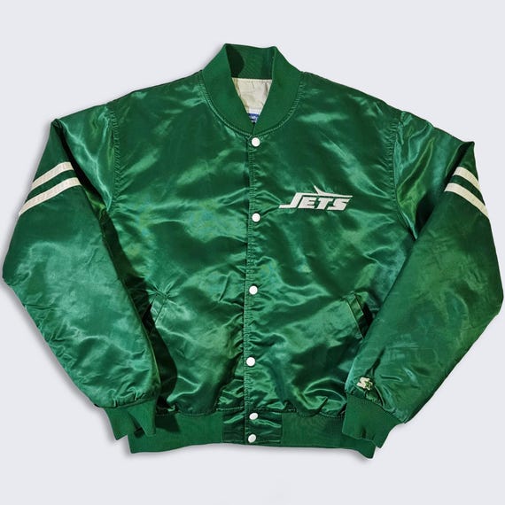New York Jets Vintage 80s Starter Satin Bomber Jacket - NFL Officially Licensed - Green Color Coat - Made in USA - Size : L - Free Shipping