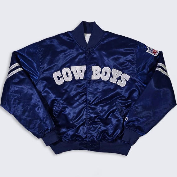 Dallas Cowboys Vintage 80s Starter Satin Bomber Jacket - Navy Blue Coat - Stitched On Logos - Men's Size: Extra Large ( XL ) - Free SHIPPING