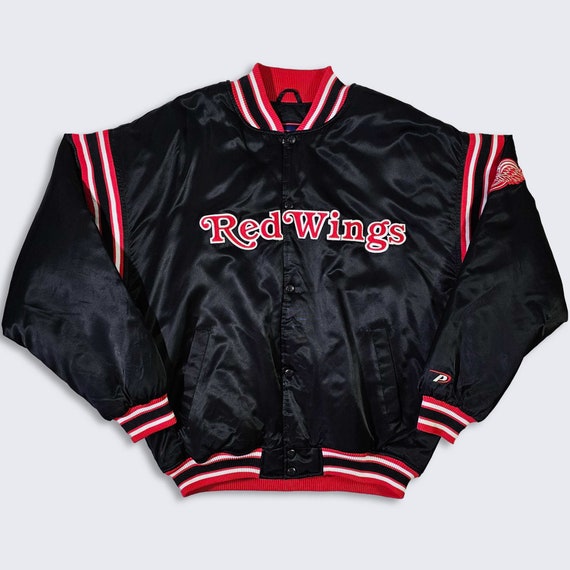 Detroit Red Wings Vintage Pro Player Satin Bomber Jacket - NHL Hockey Black Red Heavy Coat - Size Men's : Large ( L ) - FREE SHIPPING