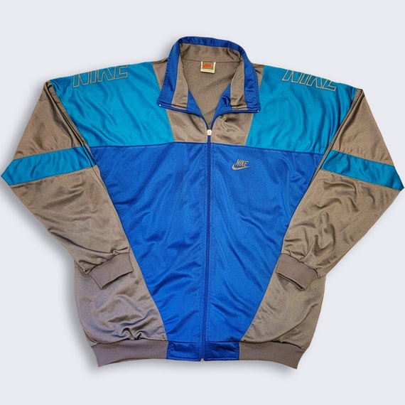 Nike Vintage 90s Shoulder Spell Out Color Block Track Jacket - Early 90s Gray Tag - Size Men's Large - FREE SHIPPING