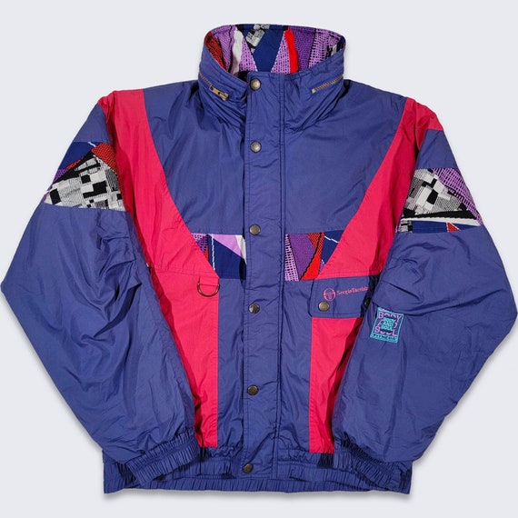 Sergio Tacchini Vintage 90s Sail & Ski Jacket - Fold Out Hood - Body and Soul Fitness - Blue and Red Heavy Coat - Size Large - Free SHIPPING