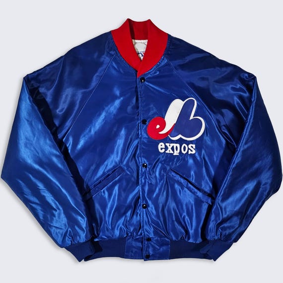 Montreal Expos Vintage 80s Starter Satin Bomber Jacket - MLB Official Licensee - Blue Coat - Men's Size : Extra Large ( XL ) - Free SHIPPING