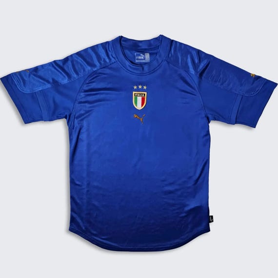 Italy Vintage Puma Blue Soccer Jersey - Blue Color Home Kit Uniform Shirt - Stitched On Logos - Size Men's : Large ( L ) - FREE SHIPPING