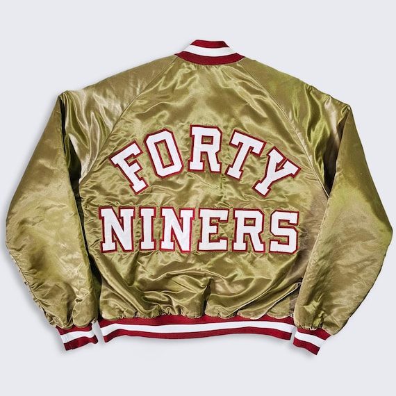 San Francisco 49ers Vintage 80s Chalk Line Satin Bomber Jacket - Gold Color NFL Football Coat - Size Men's : Large ( L ) - Free Shipping