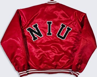 Northern Illinois Huskies Vintage 80s Chalk Line Satin Bomber Jacket - NIU - Made in USA - Men's Size : Large ( L ) - Free Shipping