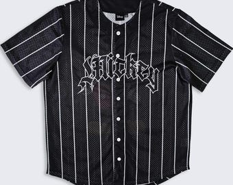 Mickey Mouse Vintage Disney Old English Baseball Jersey - Black Color Striped Uniform Shirt - Men's Size : Large ( L ) - FREE SHIPPING