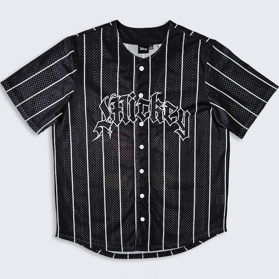 Mickey Mouse Vintage Disney Old English Baseball Jersey - Black Color Striped Uniform Shirt - Men's Size : Large ( L ) - FREE SHIPPING