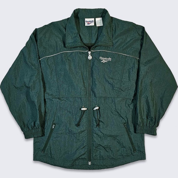 Reebok Vintage 90s Dark Green Windbreaker Jacket - Lighweight Coat - Zipper Closure - Stitched on Logo - Men's Size : S  - FREE SHIPPING