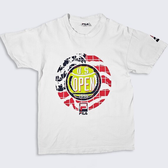 US Open Tennis Vintage 90s Fila T-Shirt - Pete Sampras - White Color Tee - 1996 - Made in USA - Men's Size : Medium ( M ) - Free Shipping