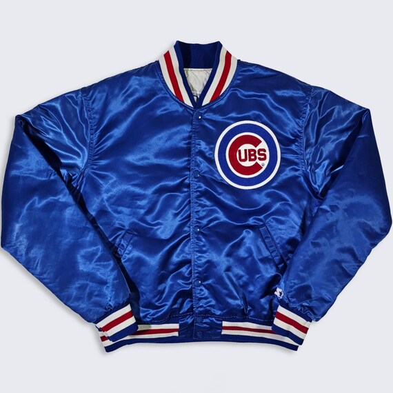 Chicago Cubs Vintage 80s Starter Satin Bomber Jacket - MLB Baseball Blue Color Coat - Made in USA - Men's Size : Large ( L ) - Free Shipping