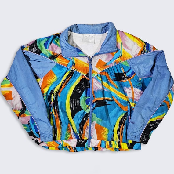 Adidas Vintage 90s Abstract Art AOP Windbreaker Jacket - All Over Print - Zipper Closure - Men's Size : Small ( S ) - FREE SHIPPING