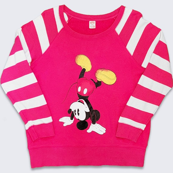 Mickey Mouse Vintage Uniqlo Disney Sweatshirt - Pink Striped Cartoon Sweater - Handstand - Women's Extra Large - FREE SHIPPING