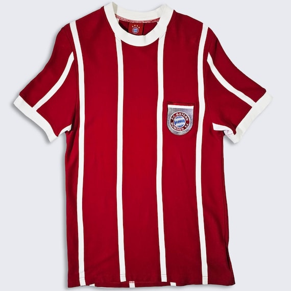 FC Bayern Munchen Retro 1974 Germany Soccer Jersey - 100% Cotton - Red & White Uniform Shirt - Men's Size : Small ( S ) - FREE SHIPPING