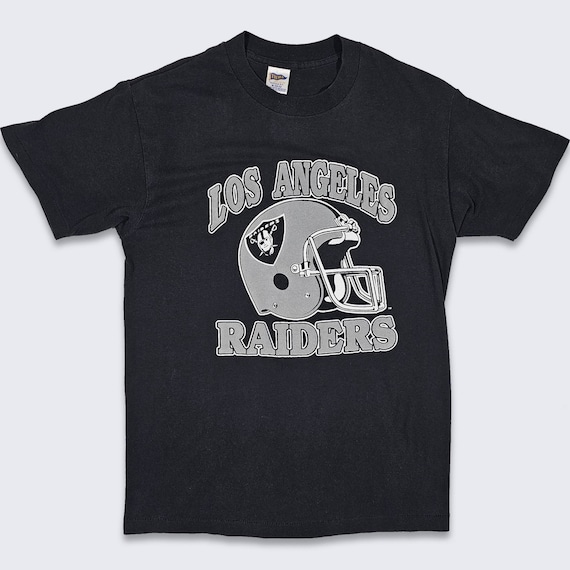Los Angeles Raiders Vintage 90s Trench T-Shirt - Single Stitch NFL Football Black & Silver Tee  - Men's Size : Medium ( M ) - FREE SHIPPING