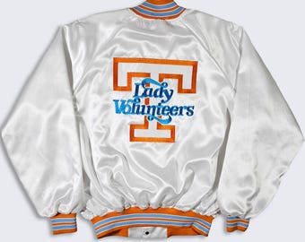 Tennessee Lady Volunteers Vintage 80s Satin Bomber Jacket - UT Vols White Varsity Coat - Pat Summitt Era - Men's Size : XL - FREE Shipping