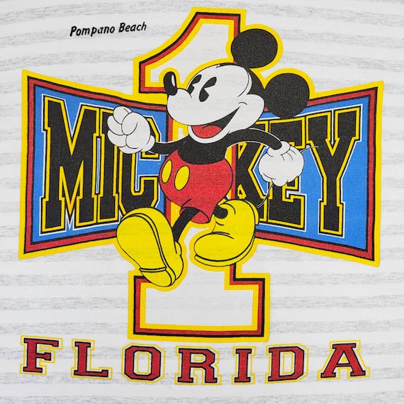 Mickey Mouse Vintage 90s Disney Florida T-Shirt- Pompano Beach - Puffy Print - Single Stitch Striped Tee -Made in USA - Large -FREE SHIPPING