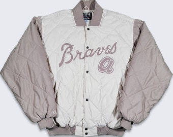 Atlanta Braves Vintage Cooperstown Collection Quilted Bomber Jacket -Beige Brown Off White MLB Baseball Heavy Coat - Size 3XL  Free SHIPPING