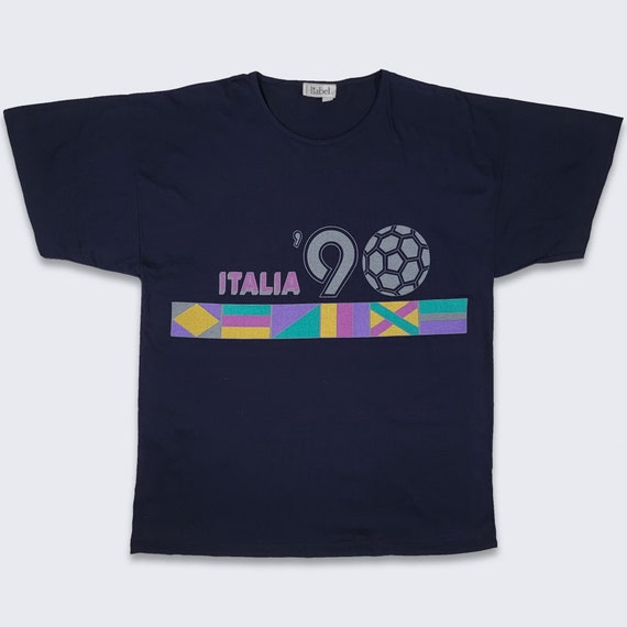Italy Vintage 90s World Cup Soccer T-Shirt - Single Stitch Liabel Navy Blue Tee - Made in Italy - Size Men's Large ( L ) - FREE SHIPPING