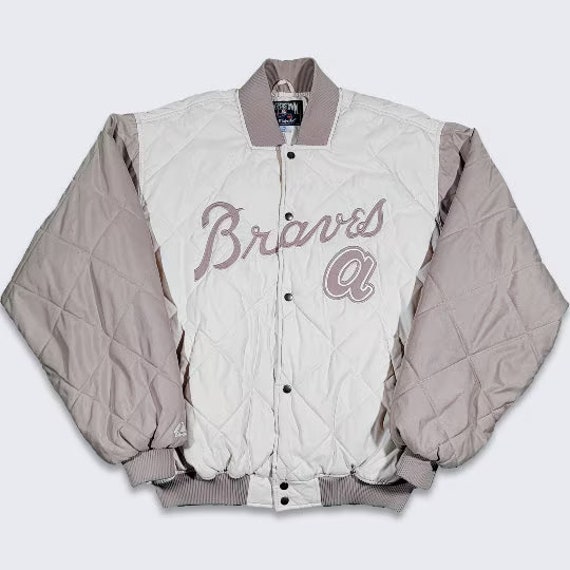 Atlanta Braves Vintage Cooperstown Collection Quilted Bomber Jacket -Beige Brown Off White MLB Baseball Heavy Coat - 2XL/XXL - Free SHIPPING