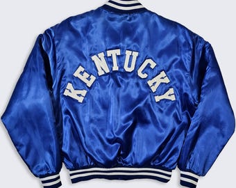 Kentucky Wildcats Vintage 80s Satin Bomber Jacket - UK - Blue Color College Varsity Style Coat - Men's Size : Large ( L ) - Free Shipping
