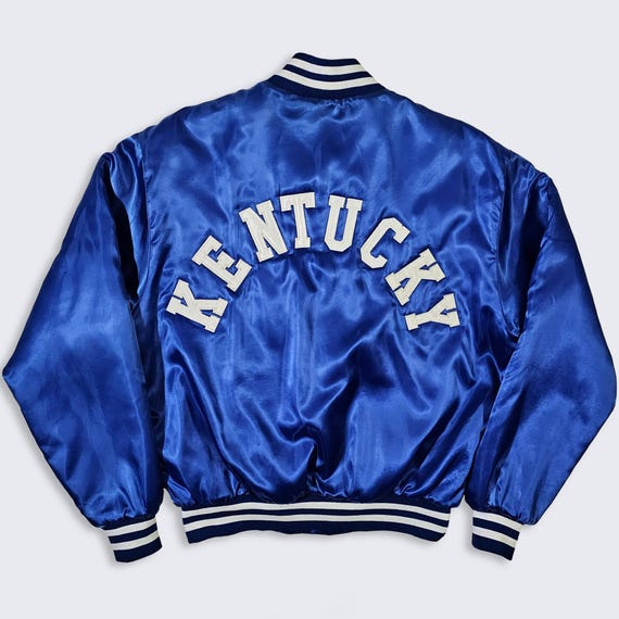 Kentucky Wildcats Vintage 80s Satin Bomber Jacket - UK - Blue Color College Varsity Style Coat - Men's Size : Large ( L ) - Free Shipping