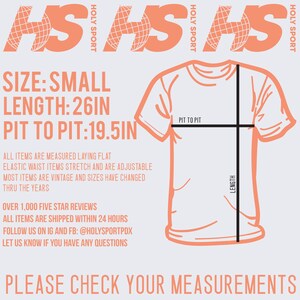 May include: A diagram showing the measurements of a small t-shirt. The measurements are: length 26 inches, pit to pit 19.5 inches. The text "HSHS HOLY SPORT" is at the top of the image. The text "PLEASE CHECK YOUR MEASUREMENTS" is at the bottom of the image.