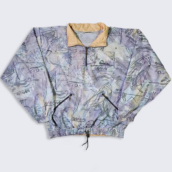 Reebok Vintage 90s Art Windbreaker Quarter Zip Jacket - Multi Color Light Weight Coat - Men's Size : Extra Large ( XL ) - FREE SHIPPING