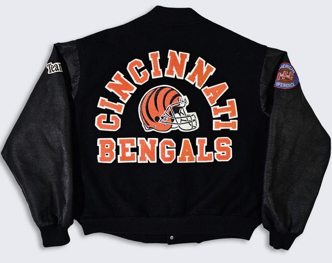 Featured listing image: Cincinnati Bengals Vintage 80s Chalk Line Bomber Varsity Jacket - Boxy Cropped Style Jacket - Men's Size : 2XL ( XXL ) -Free Shipping