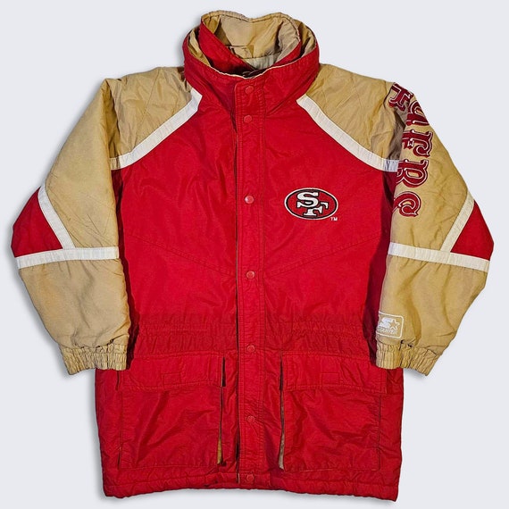San Francisco 49ers Vintage 90s Starter Long Jacket - Double Collar - Red & Gold NFL Football Coat - Men's Size Large ( L ) - FREE SHIPPING