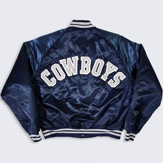 Dallas Cowboys Vintage 80s Chalk Line Satin Bomber Jacket - Navy Blue Coat - Snap Closure - Men's Size : Extra Large ( XL ) - Free SHIPPING