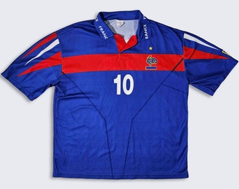 Maillot de football Zinedine Zidane vintage des années 90 - Chemise d'uniforme bleue, blanche et rouge - Modèle non original - Taille homme : Extra Large - LIVRAISON GRATUITE