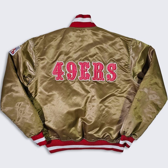 San Francisco 49ers Vintage 80s Starter Satin Bomber Jacket - NFL Football Gold & Red Color Coat - Size Men's : Large ( L ) - Free Shipping