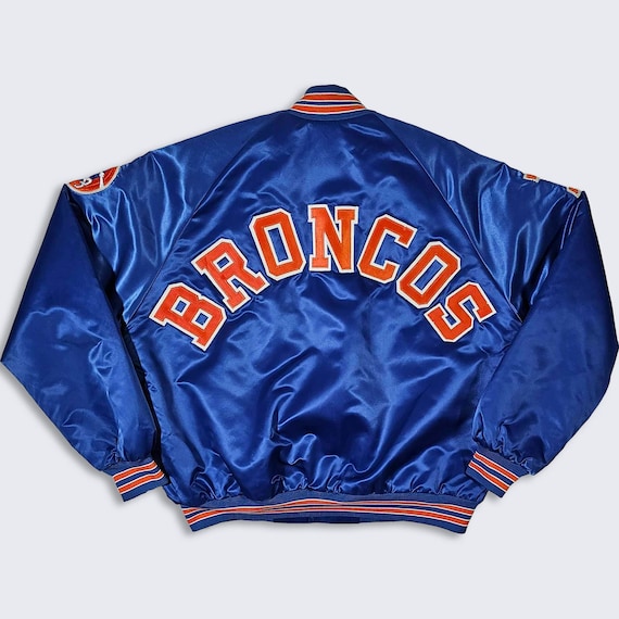 Denver Broncos Vintage 80s Chalk Line Satin Bomber Jacket - NFL Football Blue & Orange Coat - Size Men's Extra Large ( XL ) - Free SHIPPING